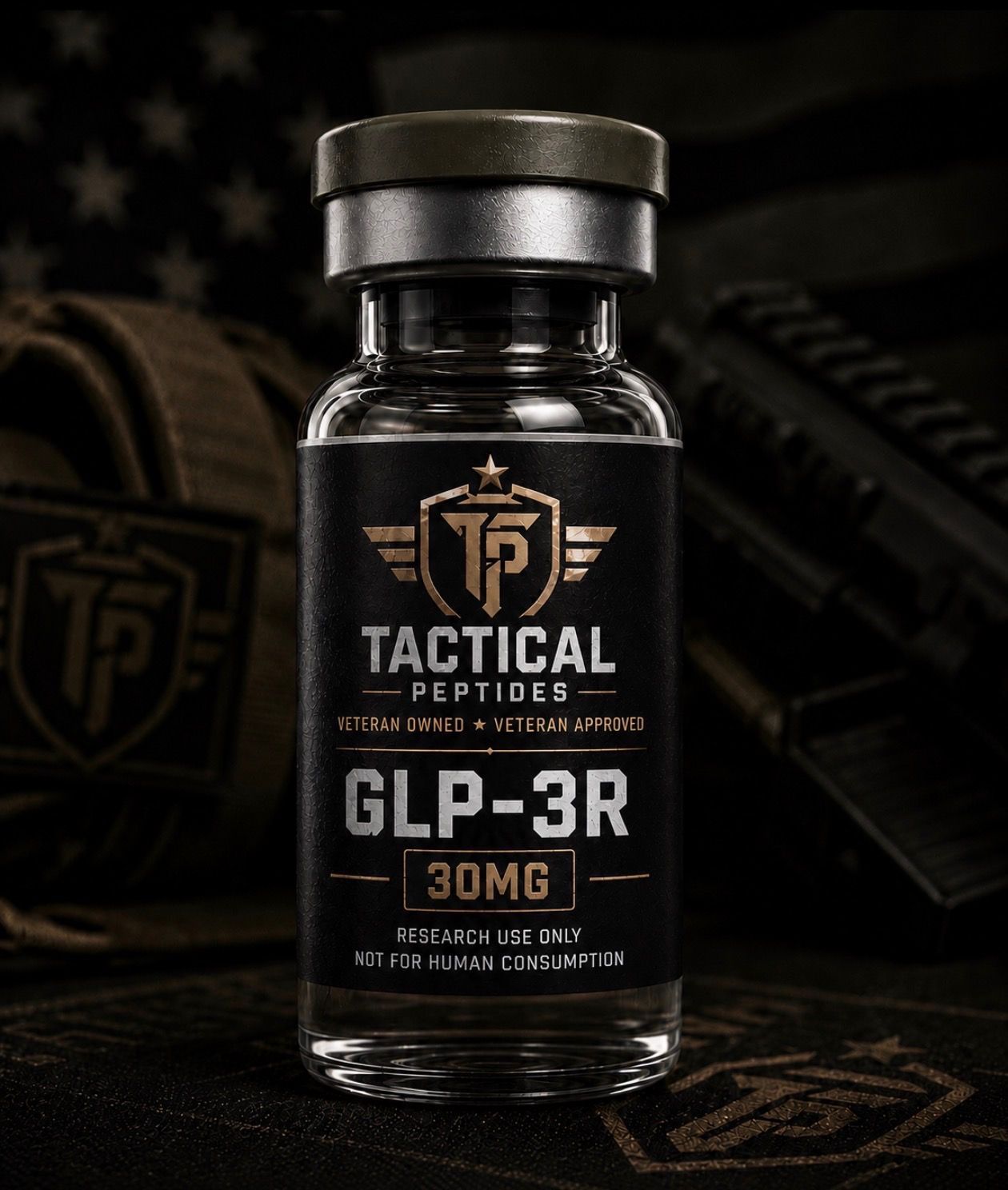 Black bottle labeled “TACTICAL PEPTIDE GLP-3R 30MG” on a dark tactical-themed background