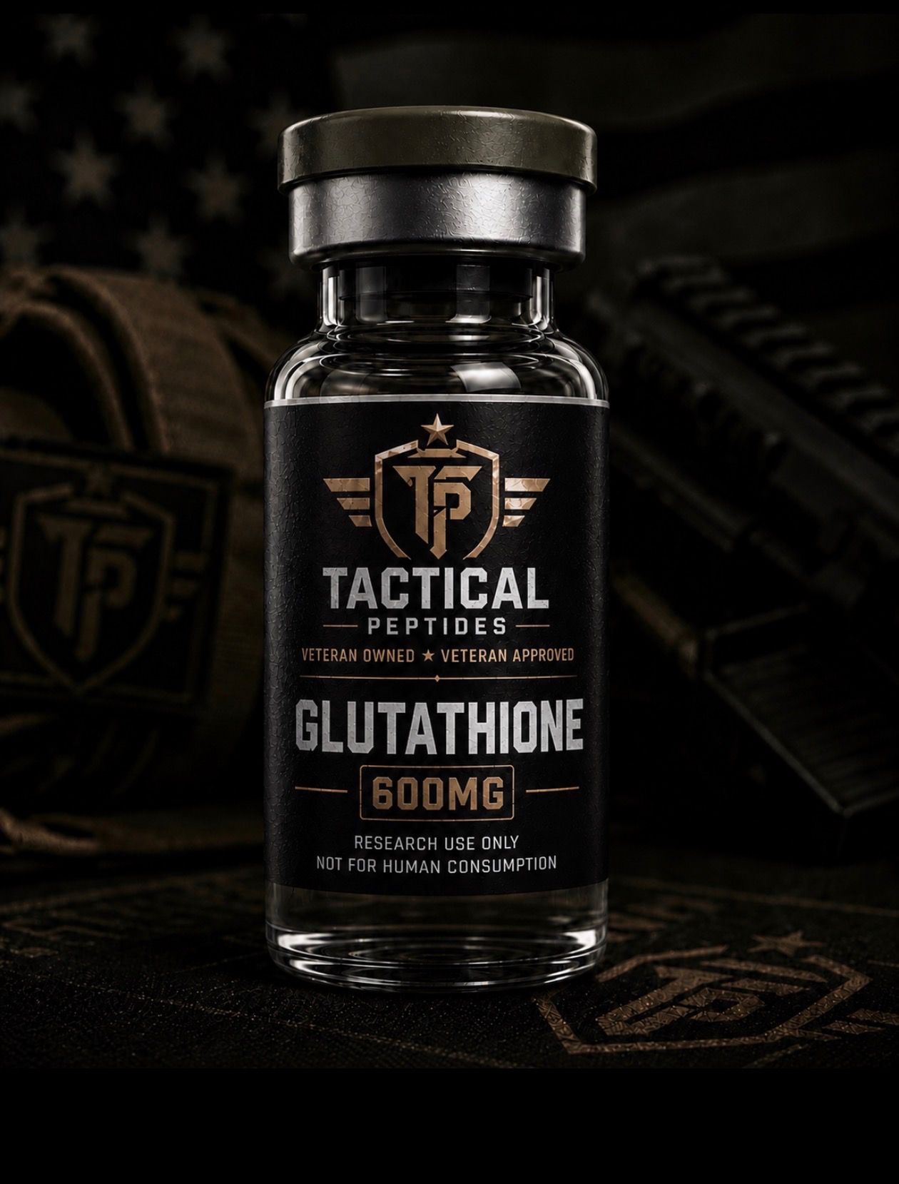 Black supplement bottle labeled “Tactical Gluten 600mg” on a dark, military-themed background