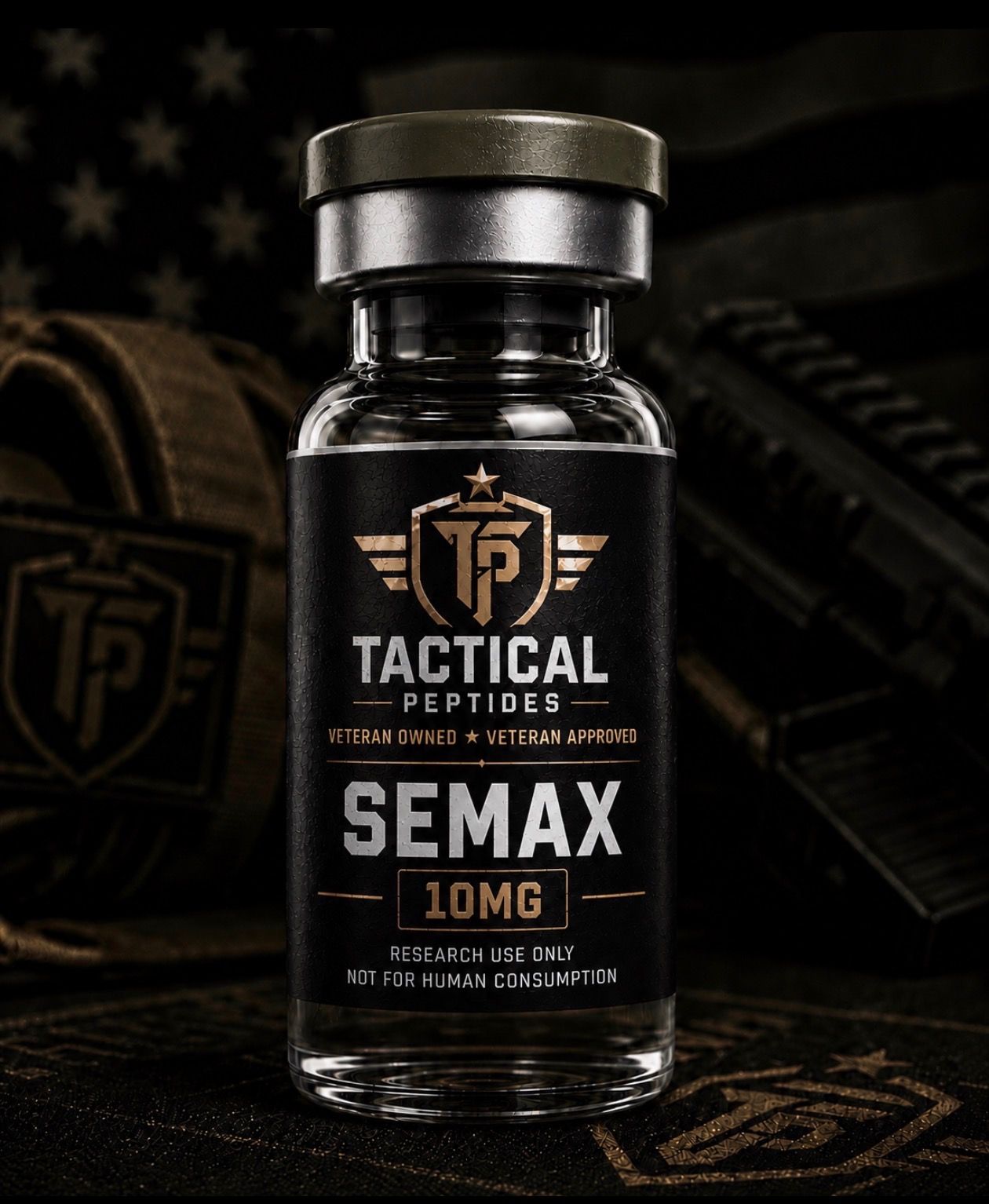 Black bottle labeled “Tactical Peptides Semax 10mg” on a dark background.