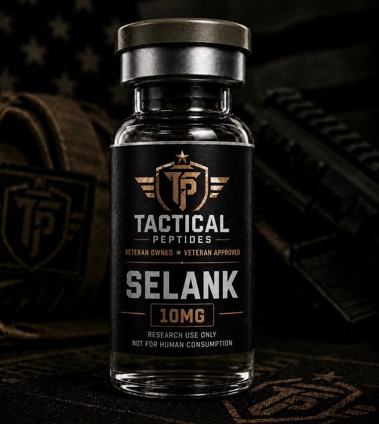 Tactical Peptides SELANK 10mg supplement bottle on a dark background
