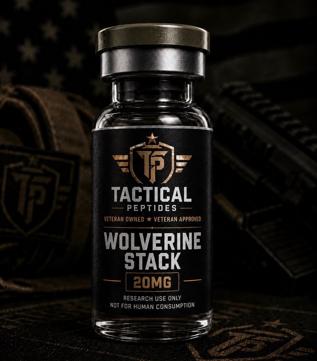 Black supplement bottle labeled Tactical Peptides Wolverine Stack 20mg on a dark background