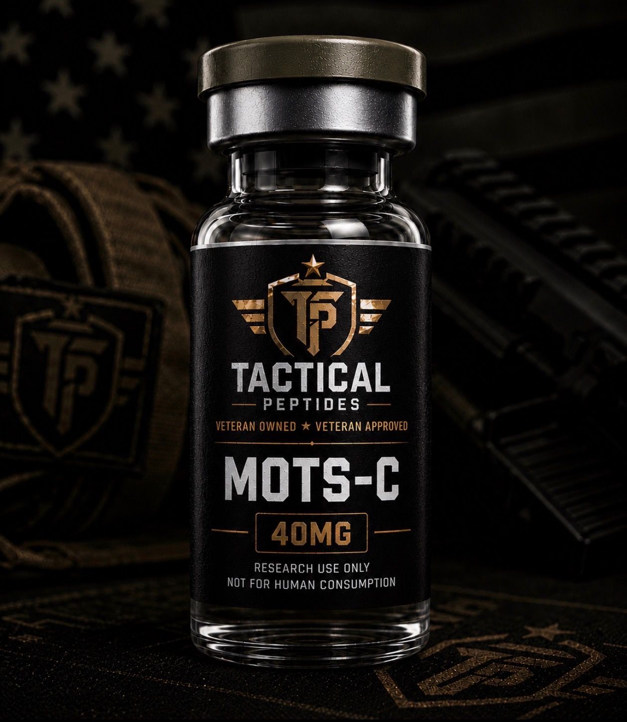 Black tactical peptide vial labeled “MOTS-C 40MG” on a dark background.