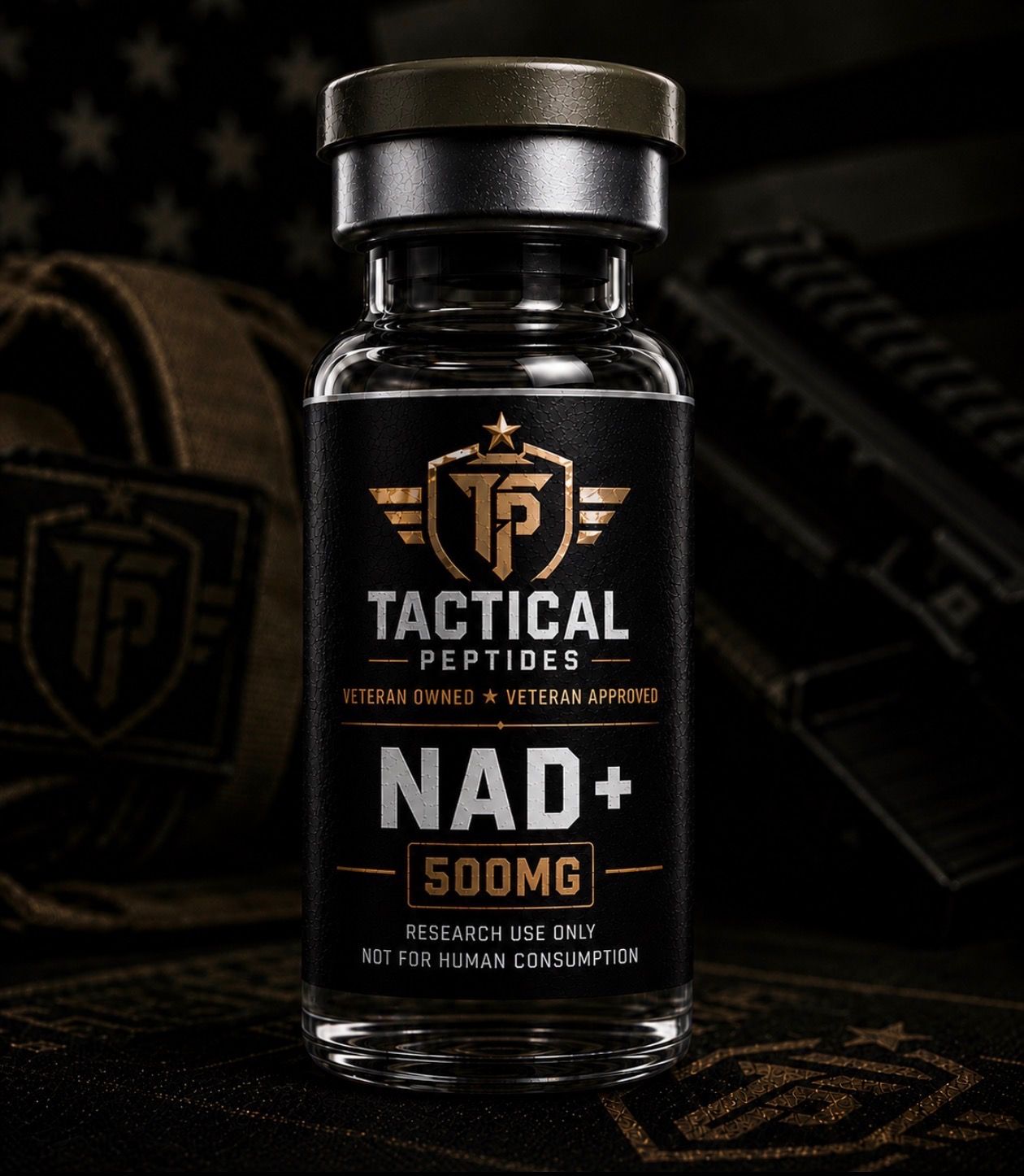 Black Tactical Peptides NAD+ 500mg supplement bottle on dark background
