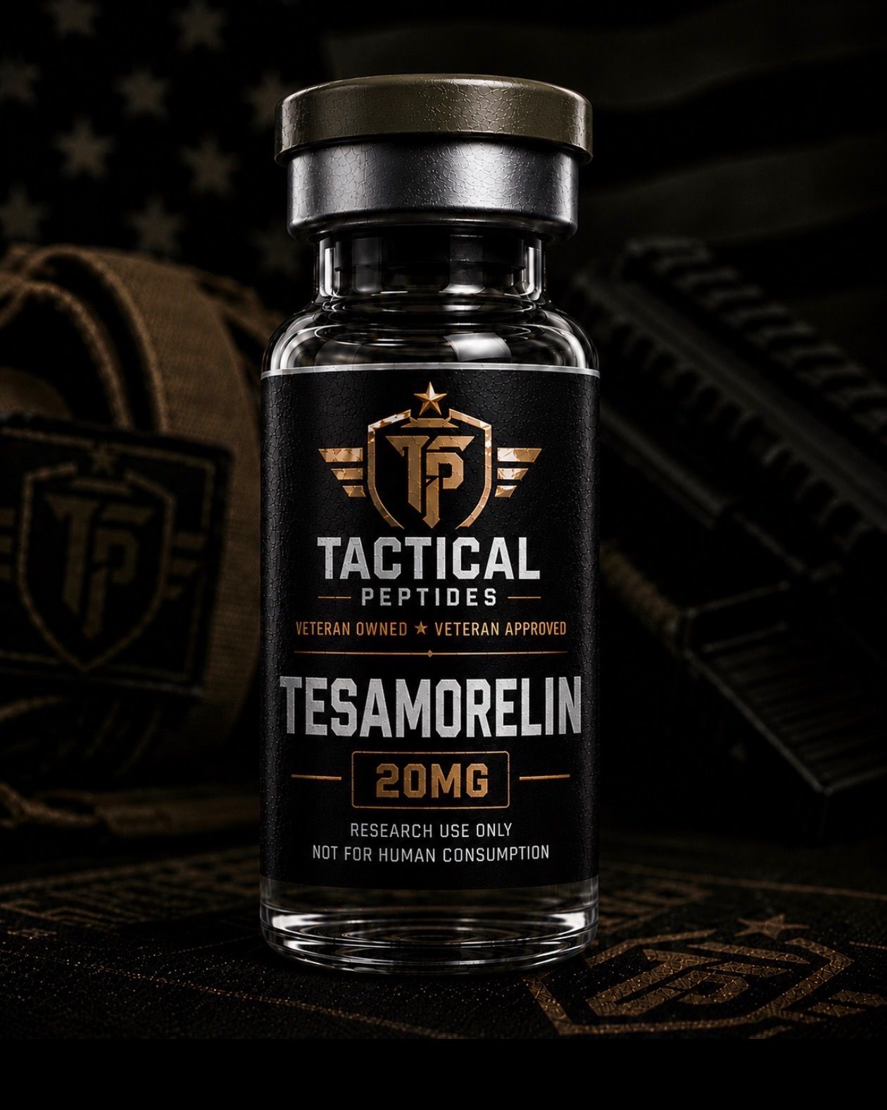Black Tactical Peptides Tesamorelin 20mg vial on dark background