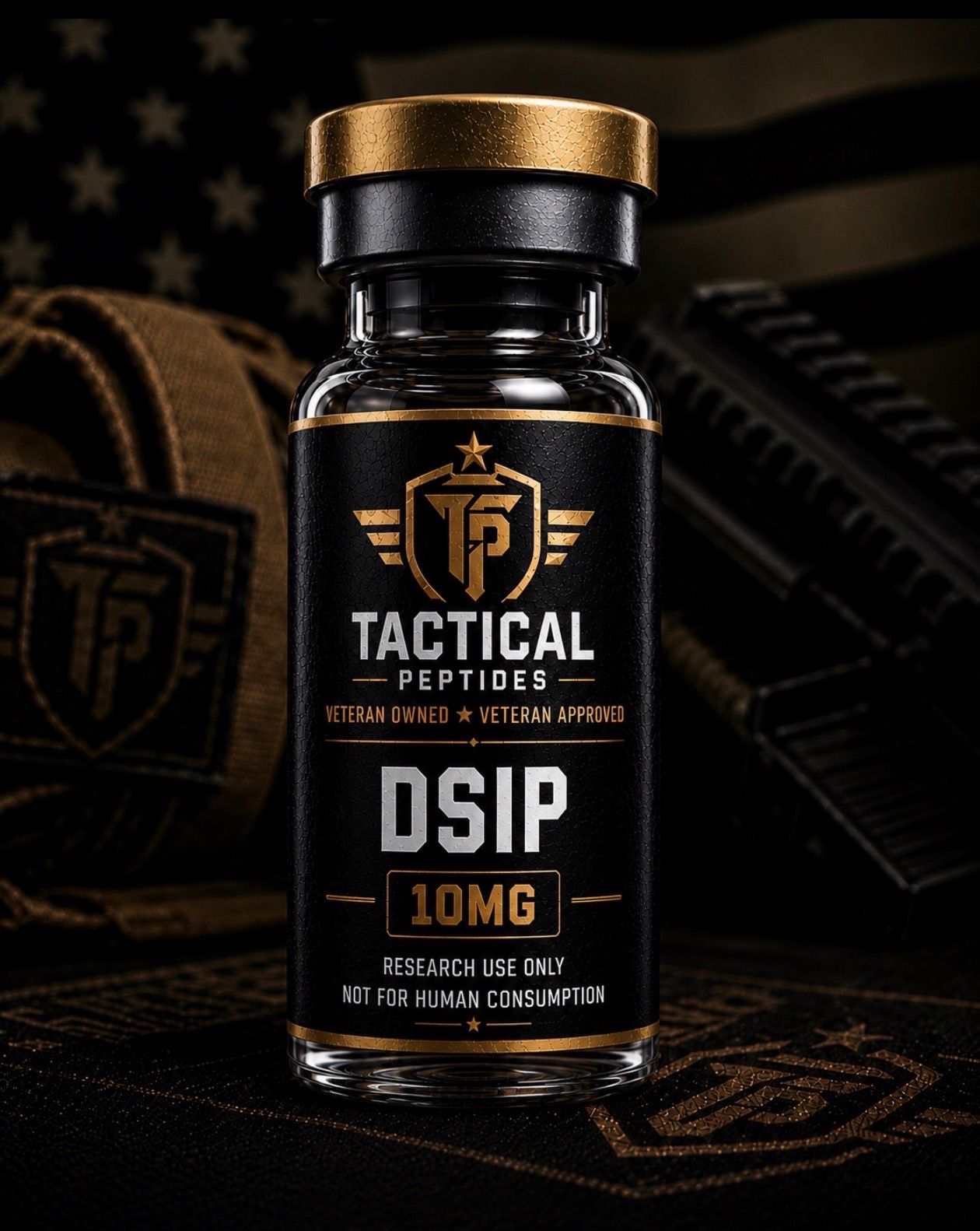 Black bottle of Tactical Peptide DSIP 10MG with gold cap on a dark tactical background