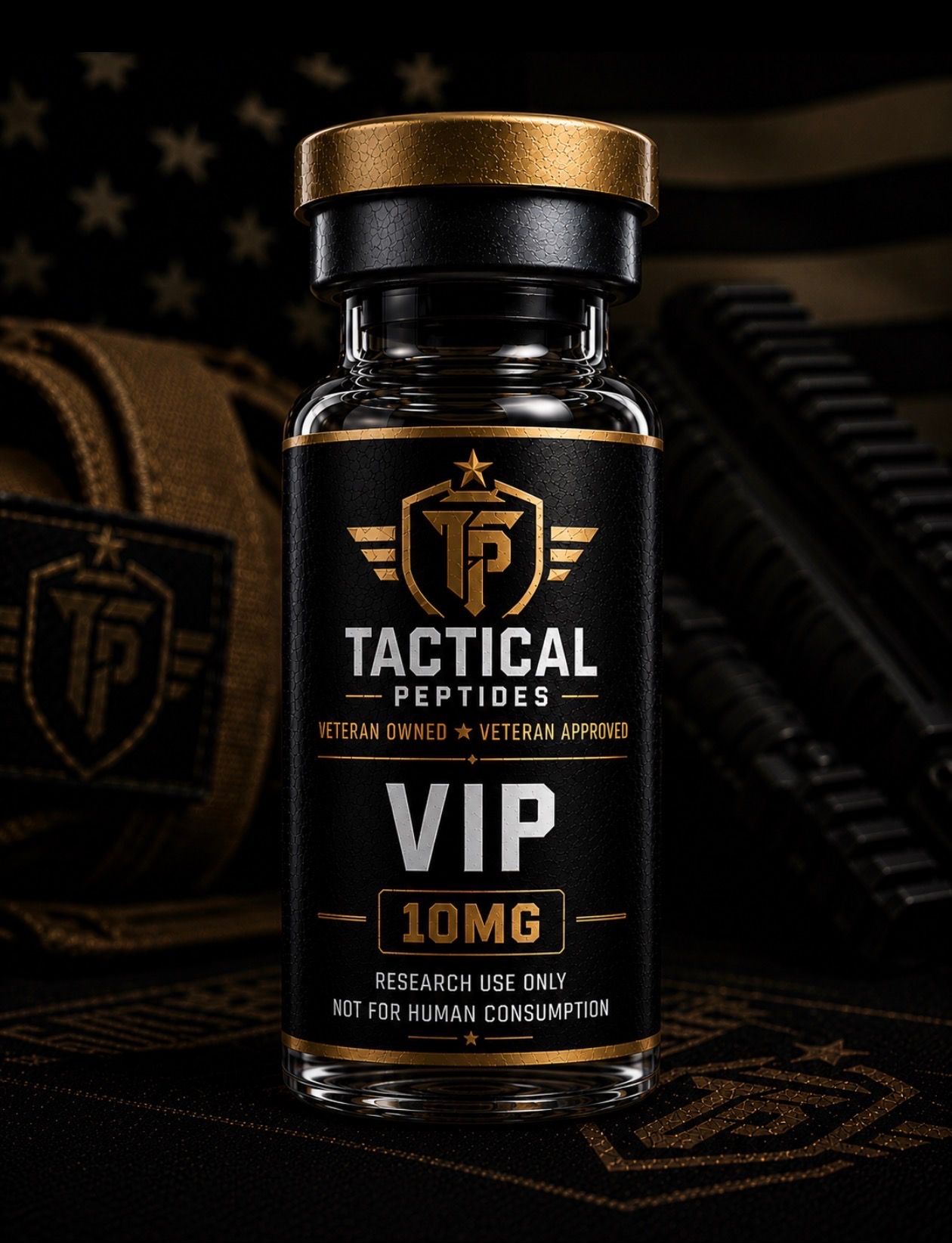 Black VIP 10mg Tactical Herb drops bottle with gold cap on dark tactical background