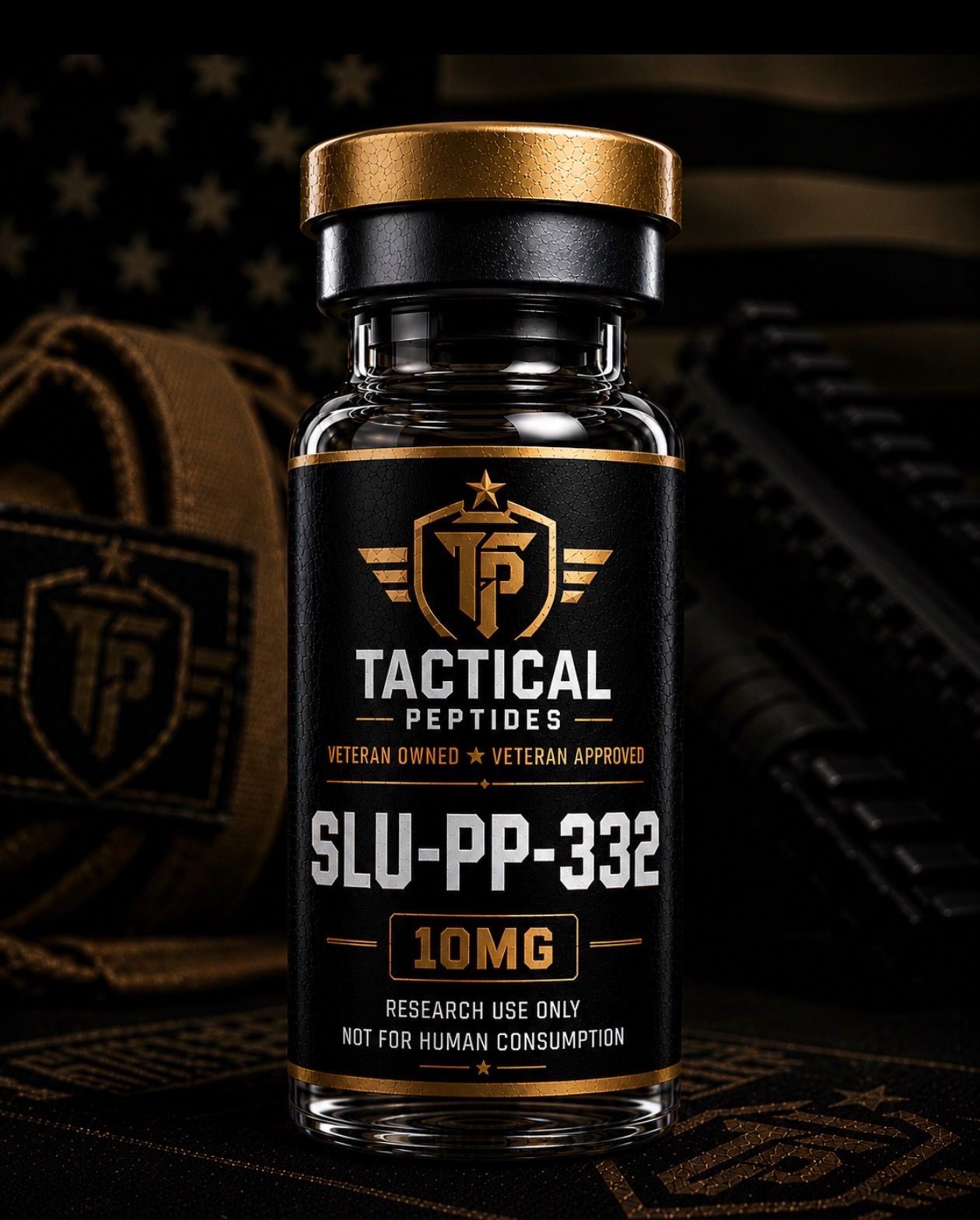 Black tactical bottle labeled “SLU-PP-332 10MG” with gold cap on a dark background