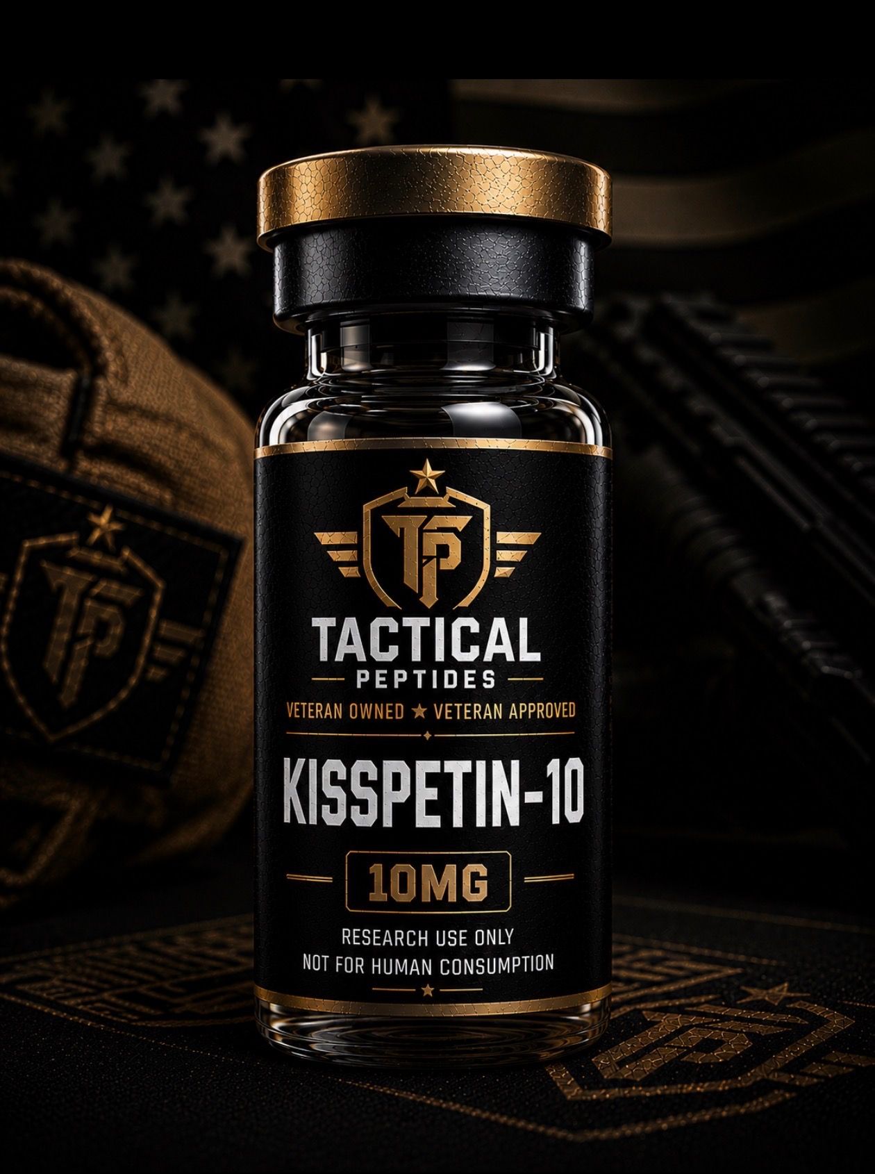 Black supplement bottle labeled Tactical RX KISSPITIN-10 10MG on a dark, gold-accented background
