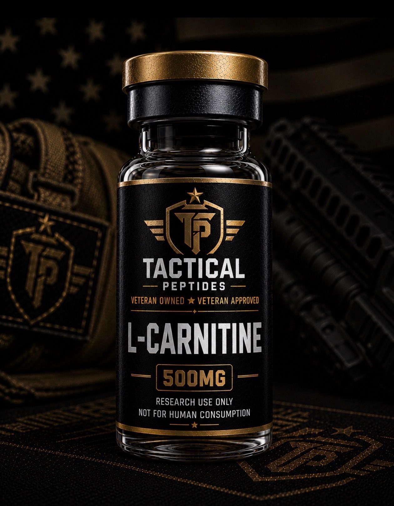Black supplement bottle labeled Tactical Force X L-Carnitine 500 mg with gold cap on a dark tactical background