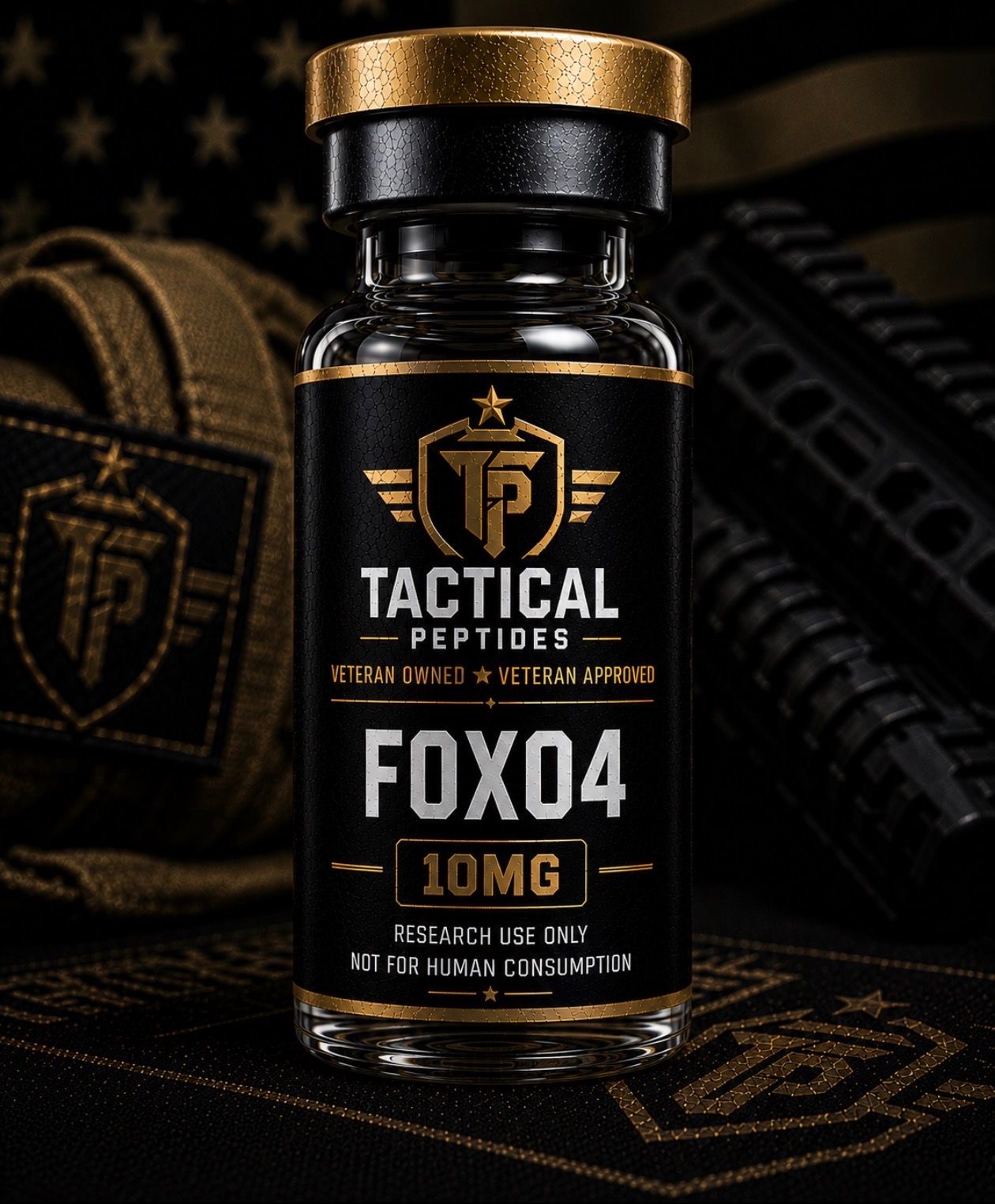Black supplement bottle labeled “TACTICAL PEPTIDES FOXO4 10MG” on a dark background, with gold accents