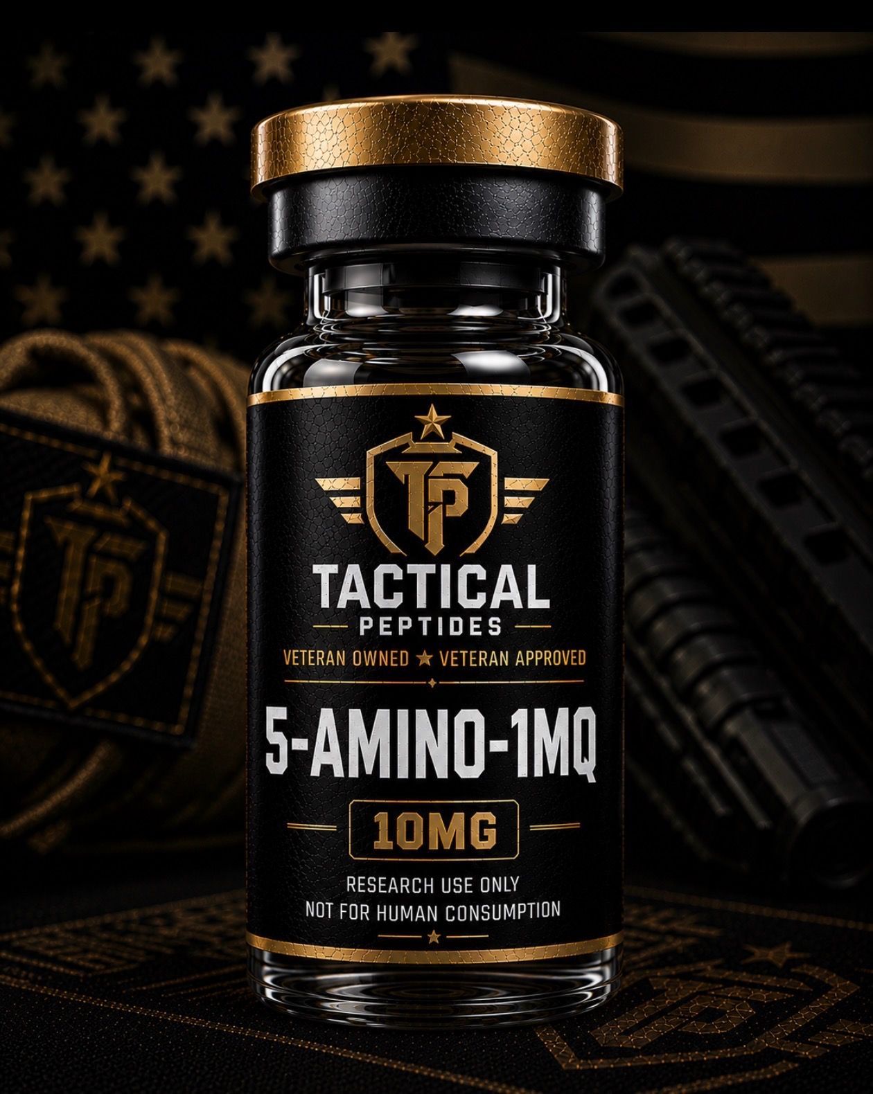 Black-and-gold bottle labeled “Tactical Peptides 5-Amino-1MQ 10mg” on a dark American flag background