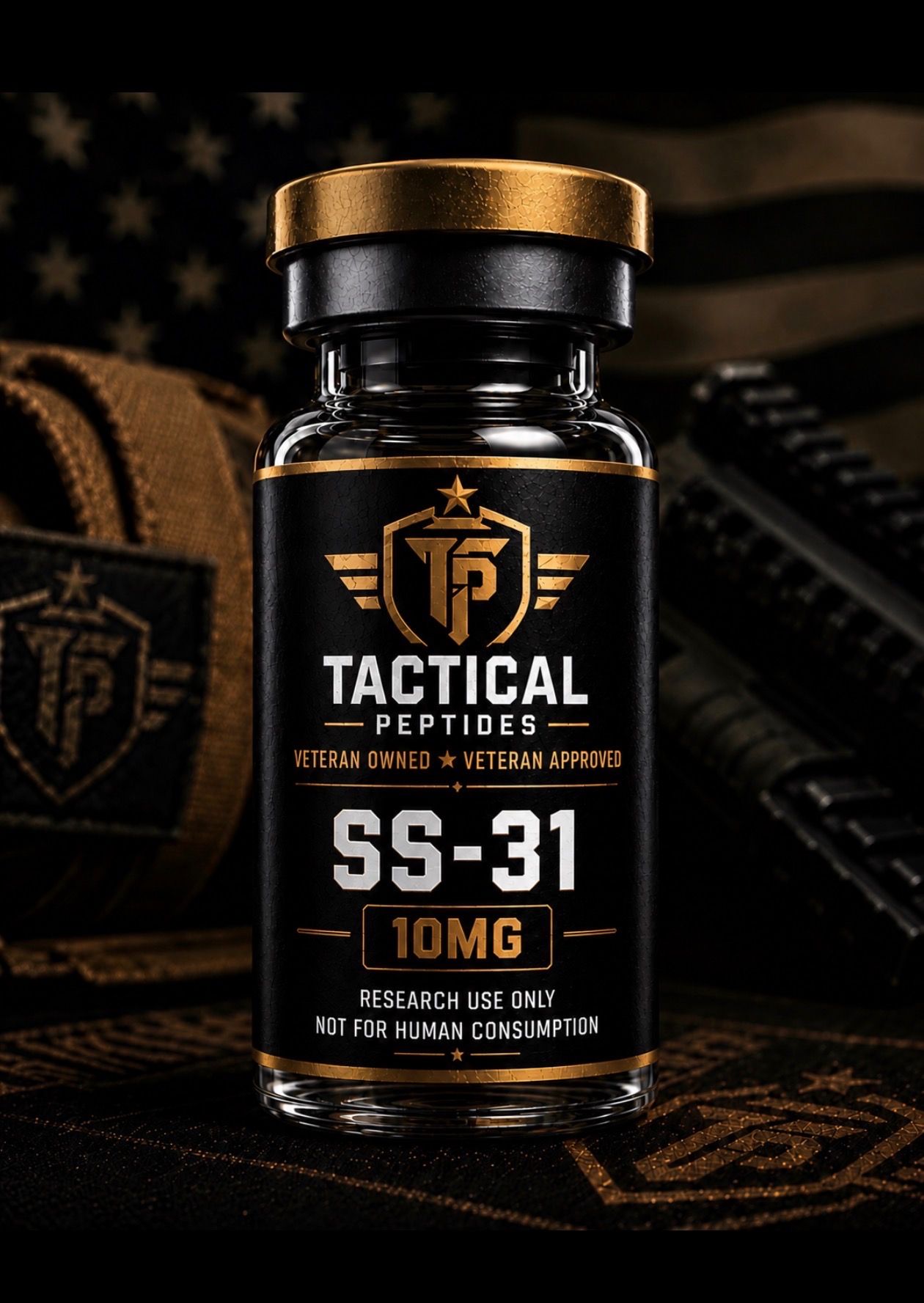 Black Tactical Force SS-31 10mg supplement bottle with gold accents on dark background