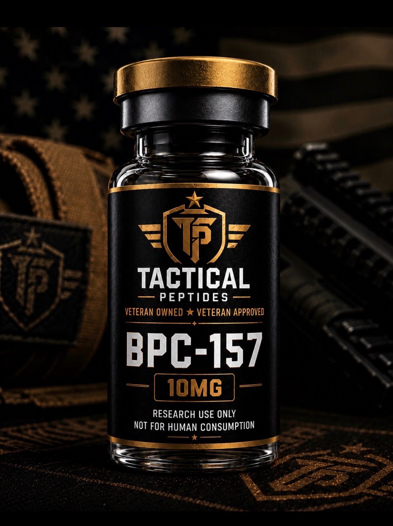 Tactical Peptides BPC-157 10mg bottle on dark patriotic background