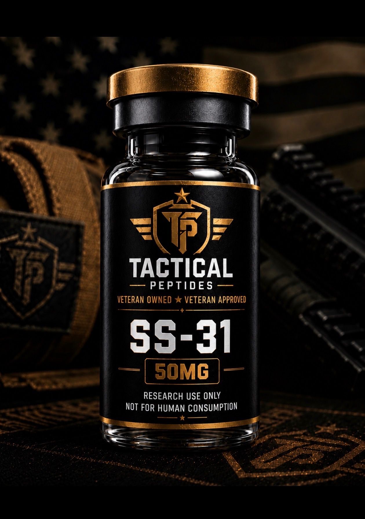 Black Tactical Performance SS-31 50MG bottle on dark military-style background