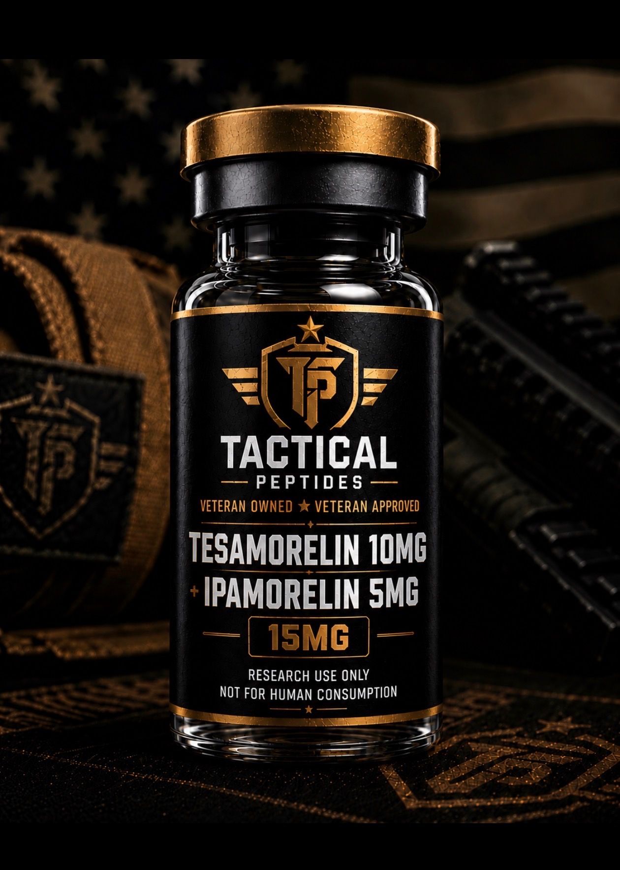 Black bottle of Tactical Peptides TB-500/TB-500 blend with gold cap on dark American flag background