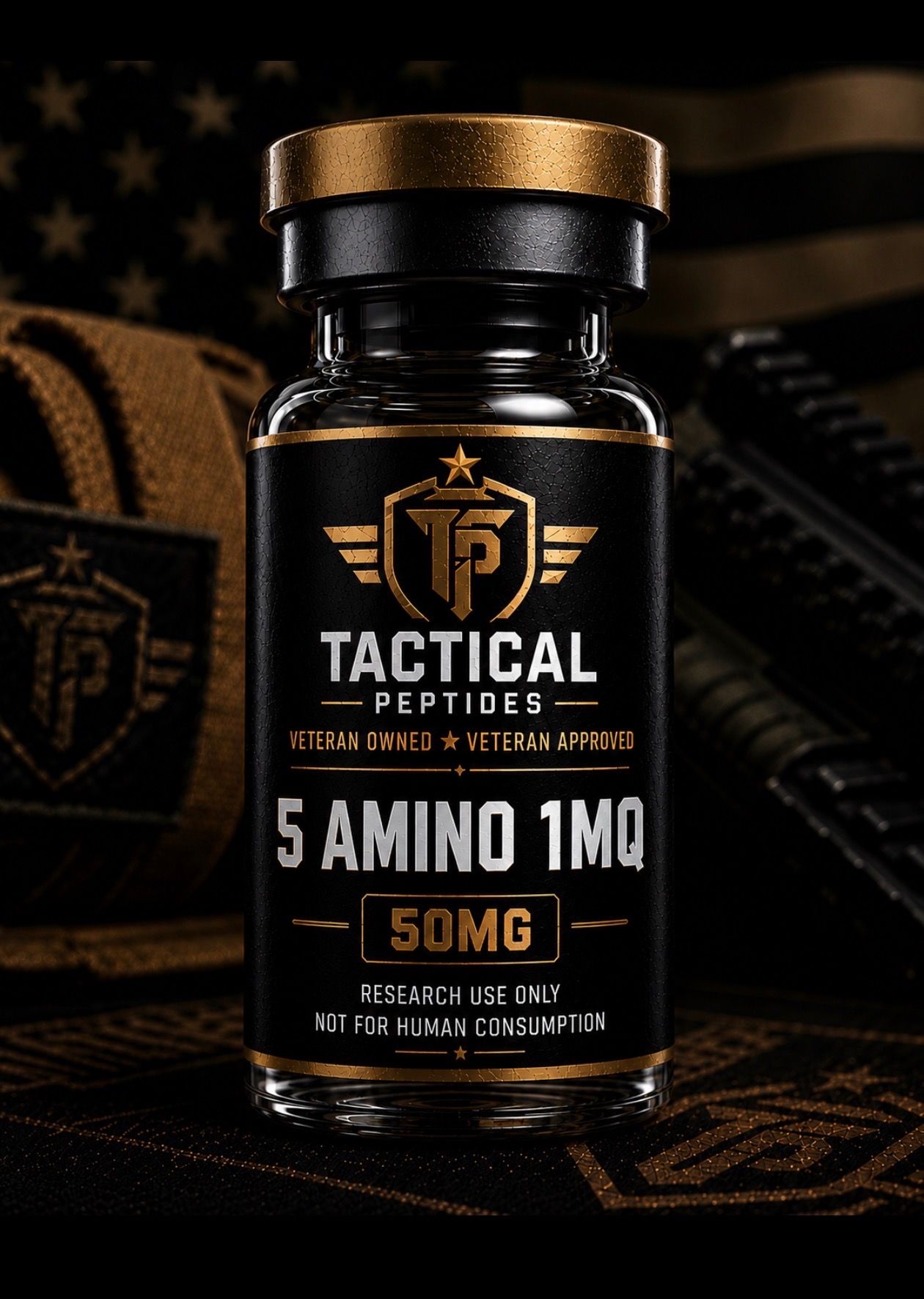 Black Tactical Optics 5 Amino 1M bottle with gold cap on dark backdrop