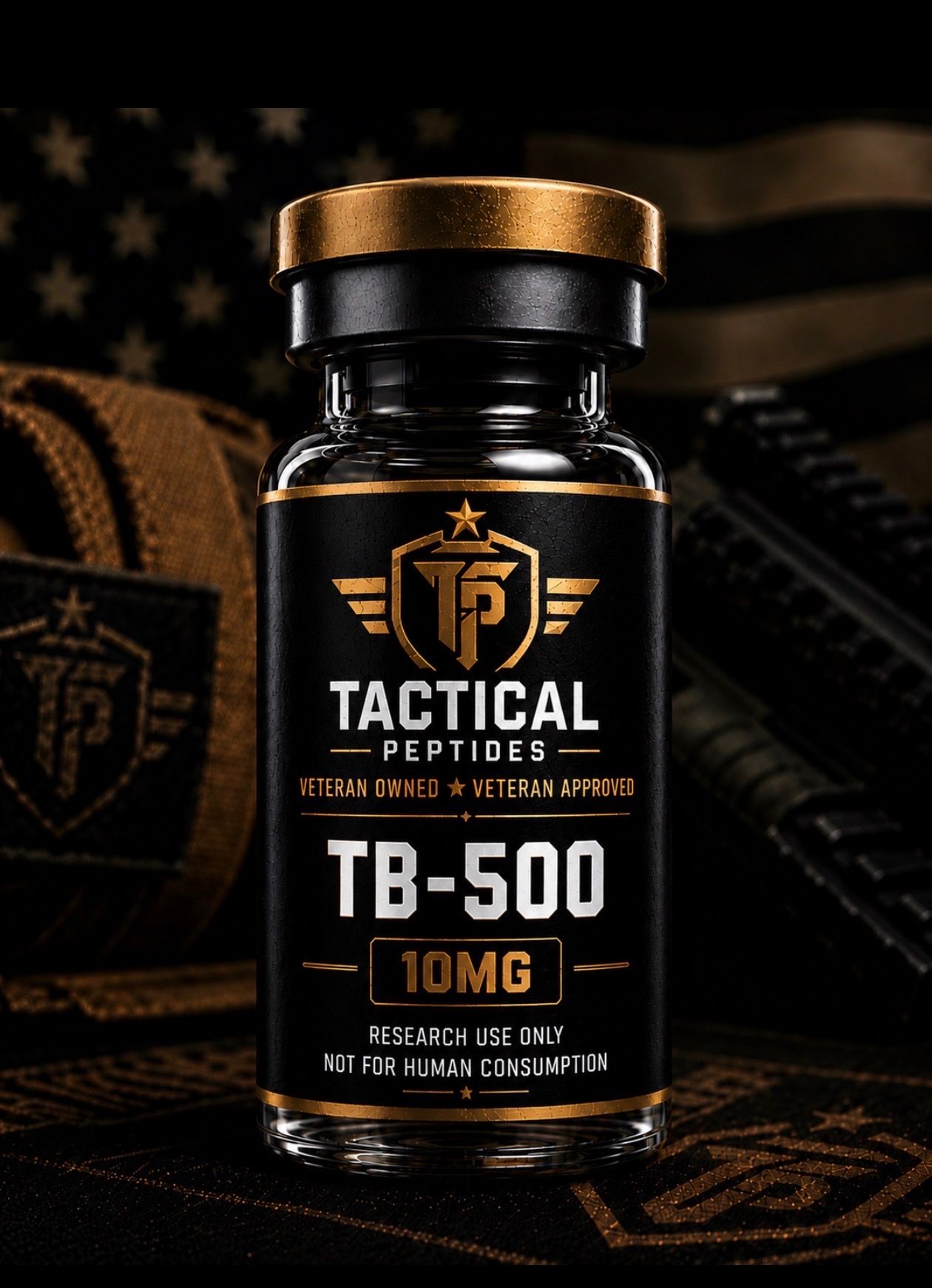 Black Tactical Peptides TB-500 10MG bottle with gold label and cap on a dark American flag background