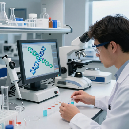 Scientist in lab coat examines molecular model on microscope and monitor in a bright laboratory