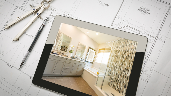 A tablet with a picture of a bathroom on it