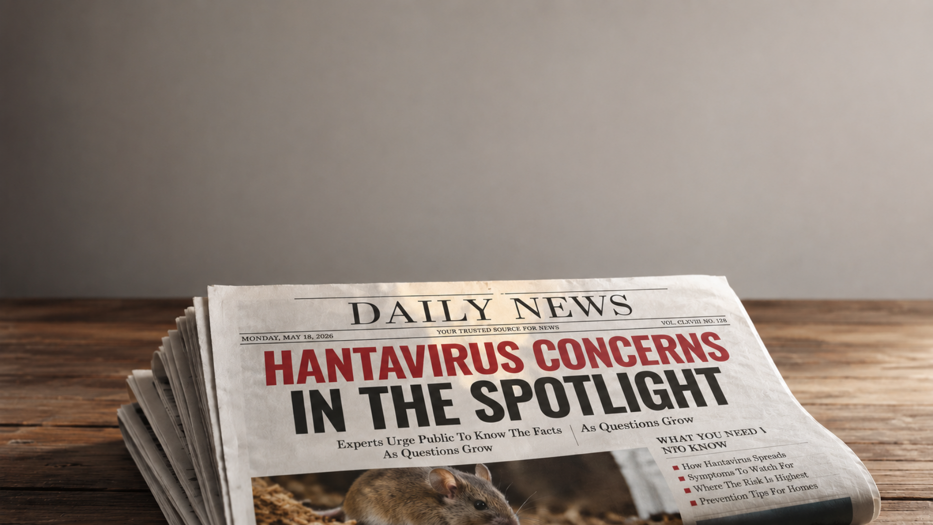 Stack of newspapers on a wooden table with headline “Hantavirus Concerns in the Spotlight”