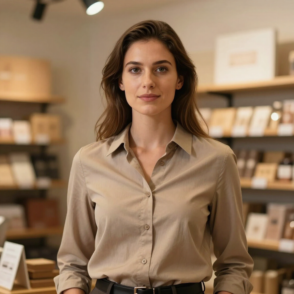 Woman in a beige shirt standing in a softly lit shop with shelves of products behind her.
