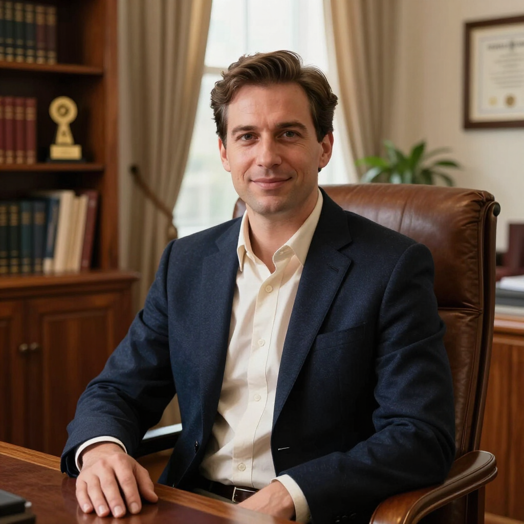 Man in a navy blazer seated at a desk in an office, facing the camera with a slight smile.
