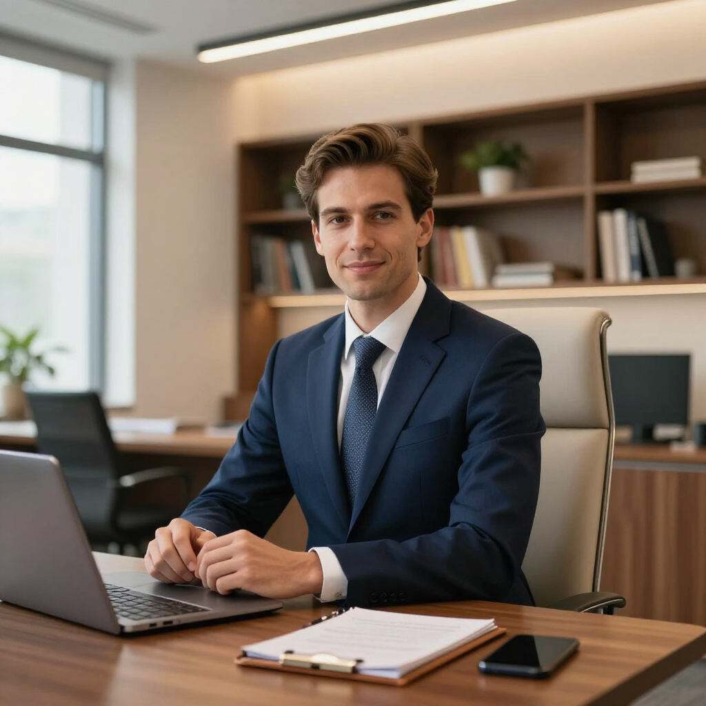 Professional seated at an office desk with a laptop and notebook in a modern meeting room