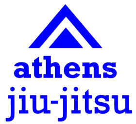 Blue logo for Athens Jiu-Jitsu. A blue triangle tops blue text, "athens jiu-jitsu."