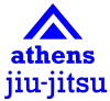 Blue logo for Athens Jiu-Jitsu. A blue triangle tops blue text, "athens jiu-jitsu."