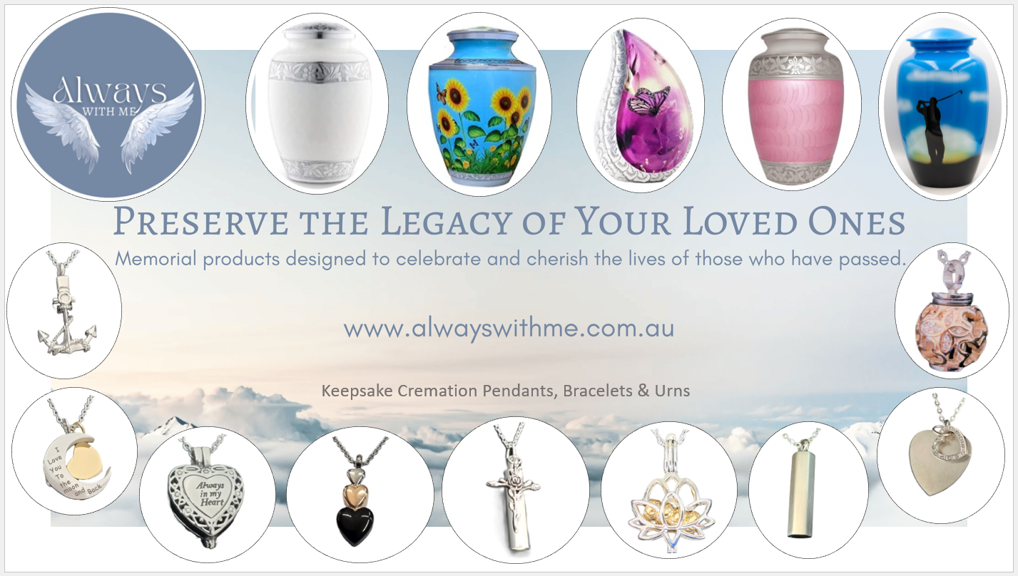 A collection of cremation urns and memorial jewelry arranged around the website alwayswithme.com.au on a sky background.