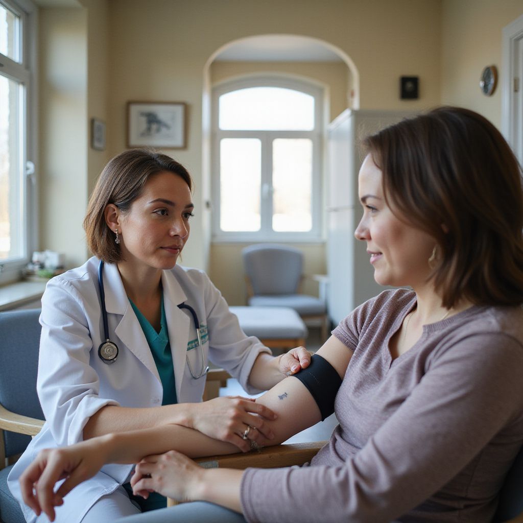 healthcare provider with a stethoscope taking the bloodpressure of another woman who looks reasonably well.