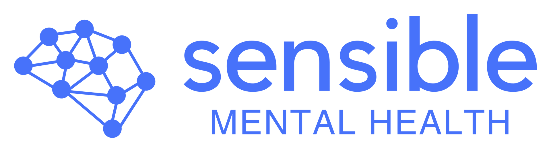 Logo of Sensible Mental Health: blue brain graphic next to the word