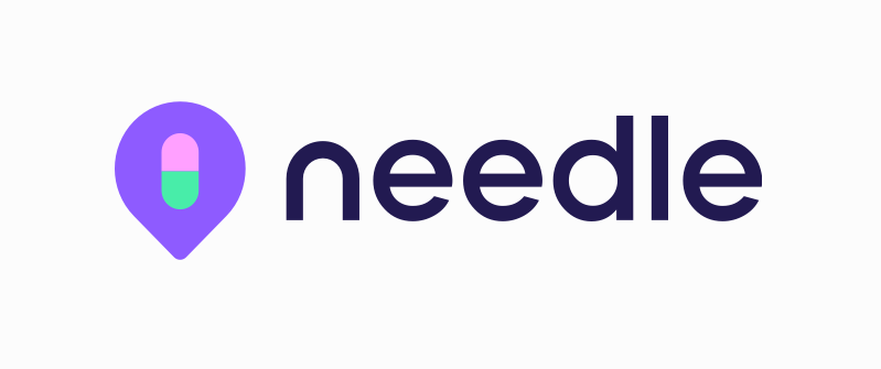 Needle logo: Purple location pin with pill symbol, and the word 
