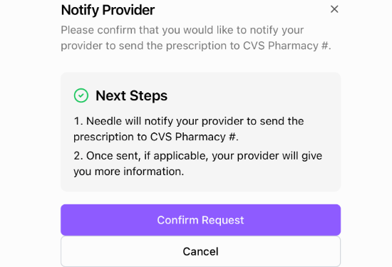 Confirmation dialog box: Notify provider to send prescription to CVS Pharmacy. Confirm or cancel request.