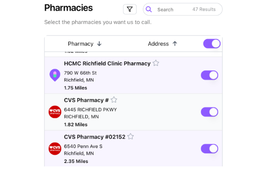 A list of pharmacies with options to select, including HCMC Richfield Clinic Pharmacy and CVS locations in Richfield, MN.