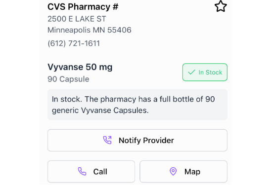 CVS pharmacy with Vyvanse 50mg in stock, location: Minneapolis, MN. Includes call and map buttons.