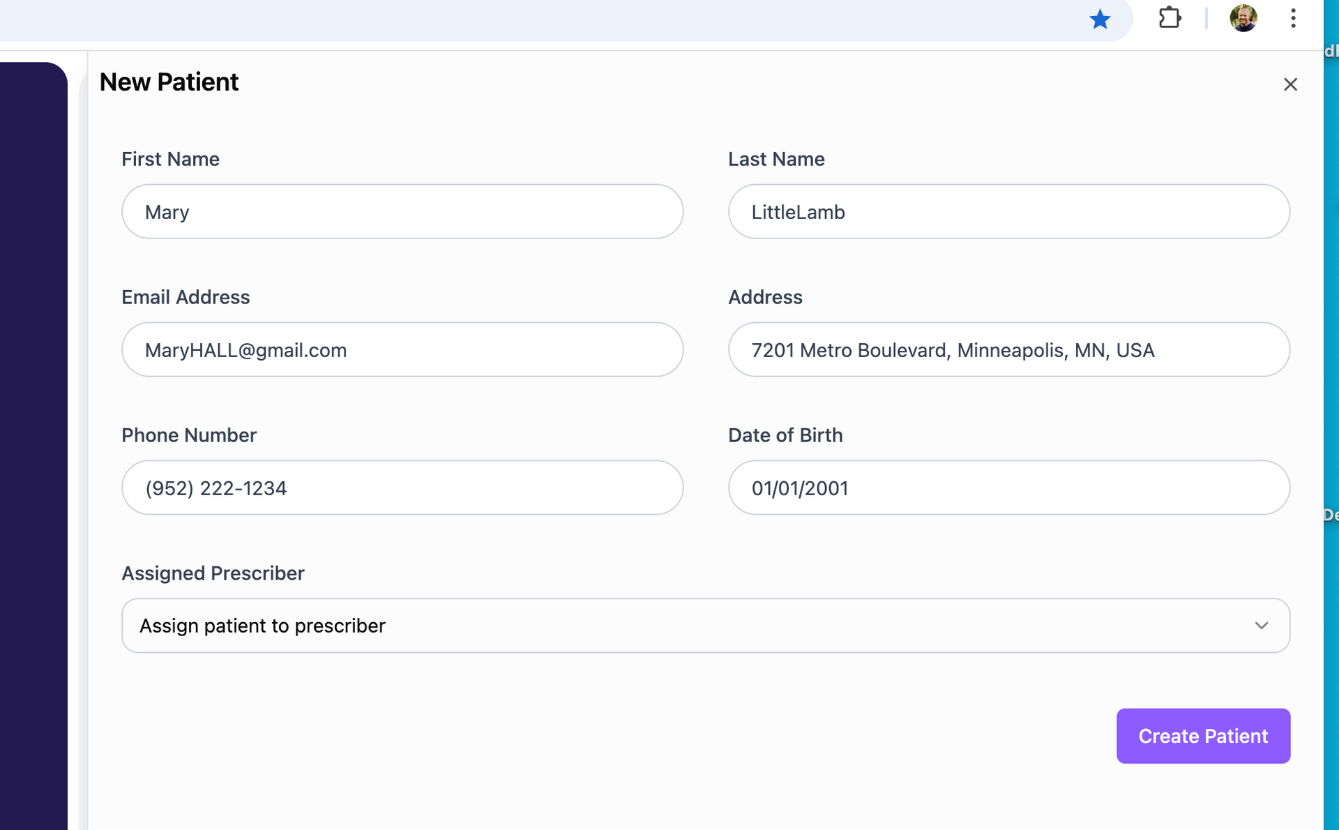 Form with fields for personal information, including first and last name, address, and a submit button.