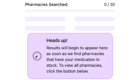 Pharmacy search progress with a message about results.