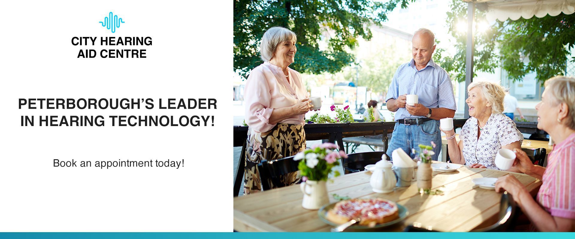 Advertisement: People enjoying tea outdoors. Text reads, 
