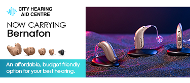 Advertisement for hearing aids from City Hearing Aid Centre. Showcasing Bernafon products