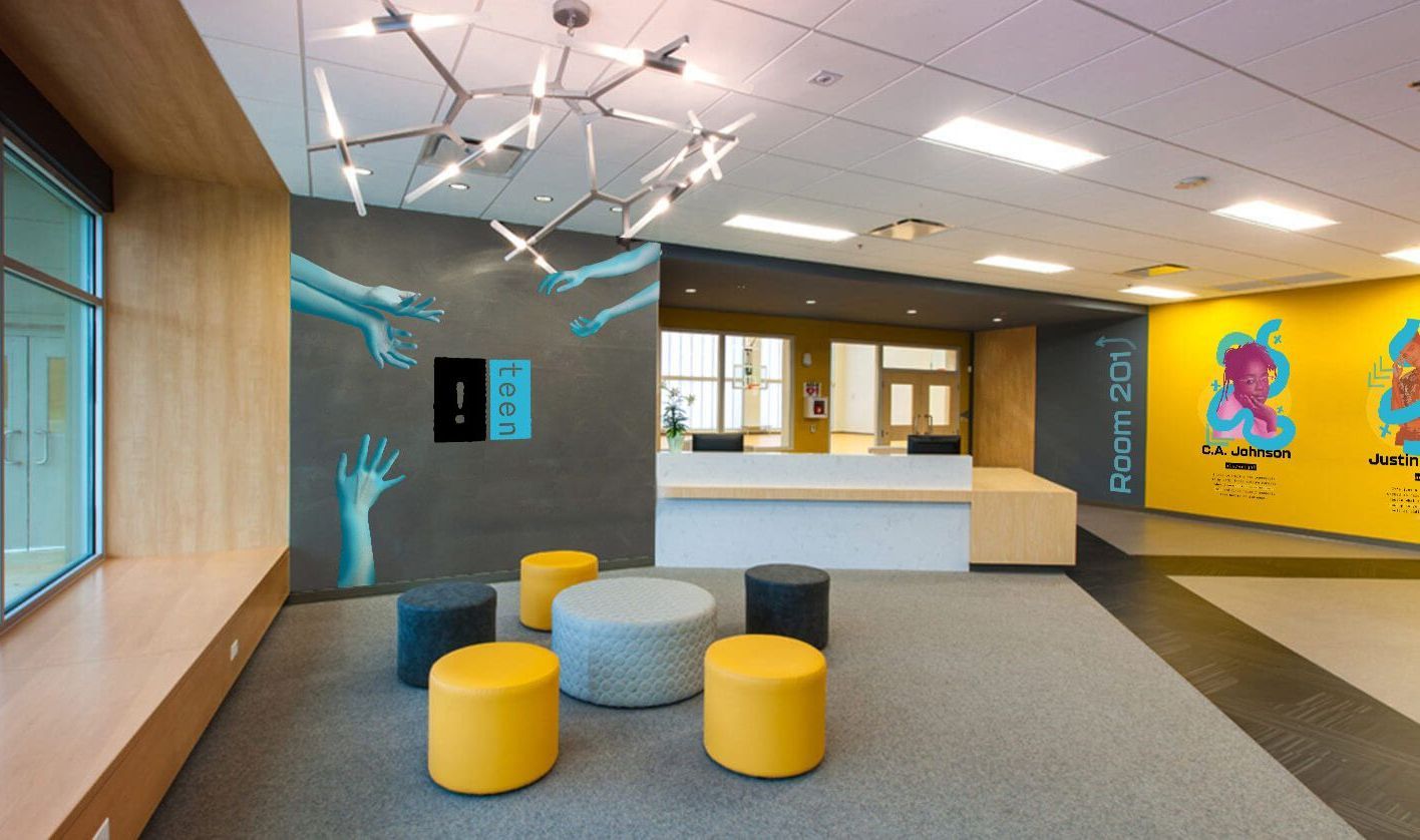 Lobby with yellow and blue seating, grey floor, and a modern light fixture. Murals on walls.