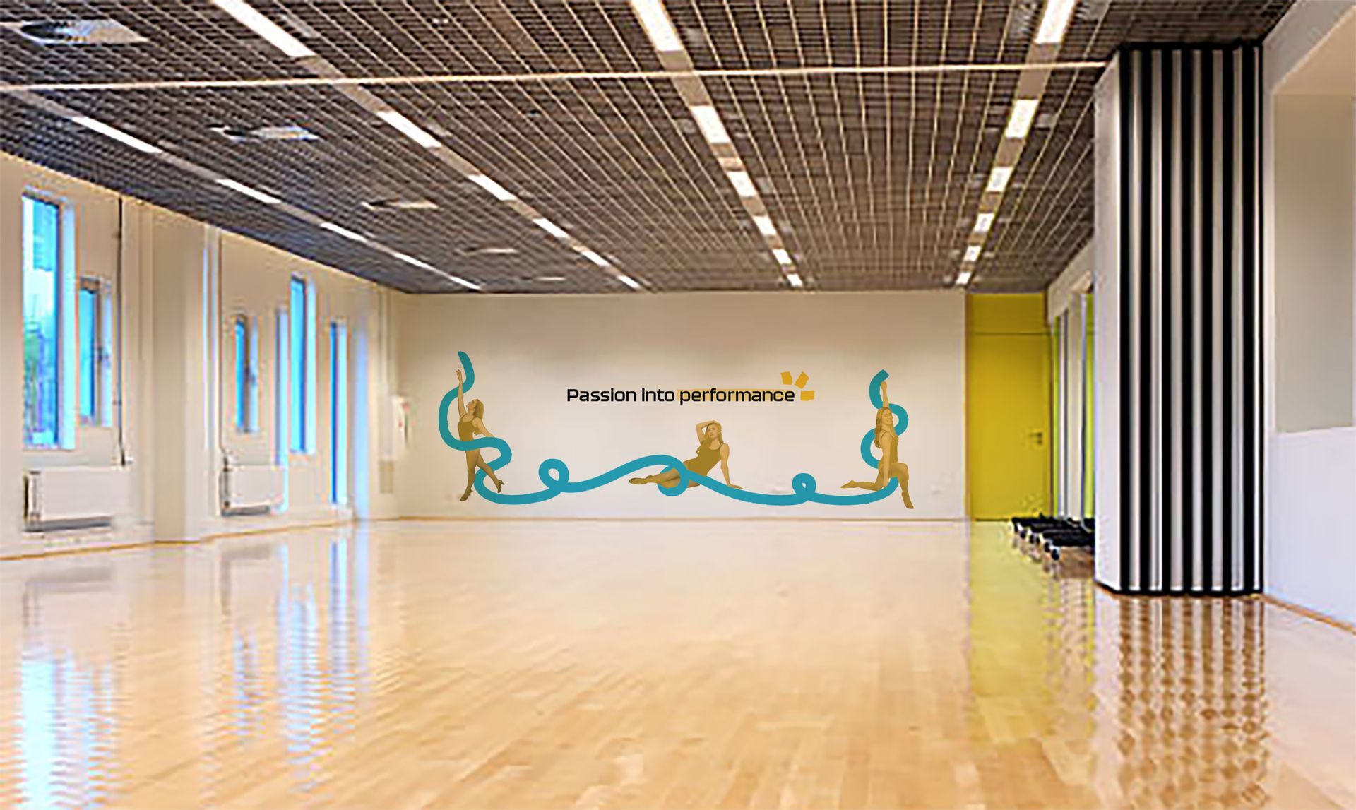 Empty dance studio with wooden floor, white walls, decorative mural, and a striped pillar.