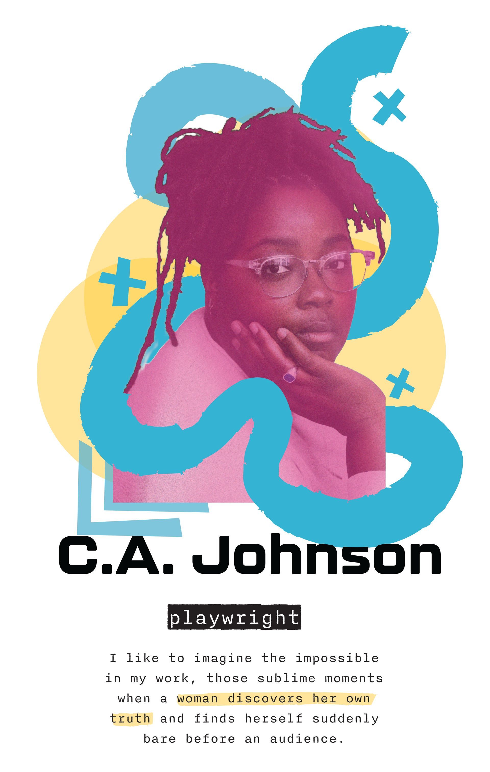 C.A. Johnson, player/fight. Headshot with pink and teal abstract shapes. Text quote highlighted in yellow.