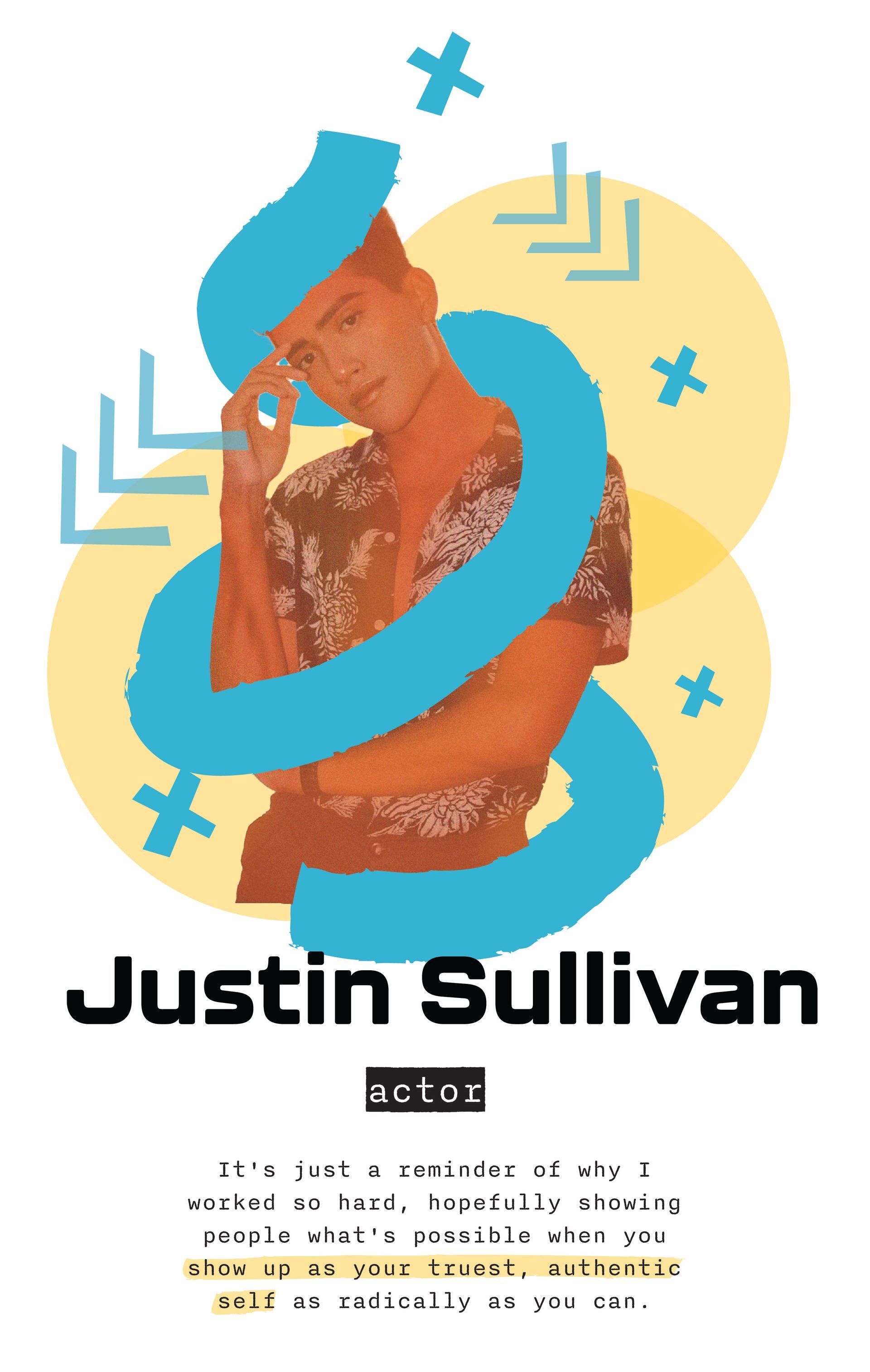 Justin Sullivan, actor, posing with hand on face. Blue abstract shapes overlaying image.
