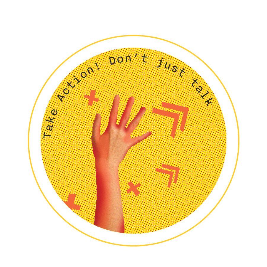 Yellow circle with raised hand and text: