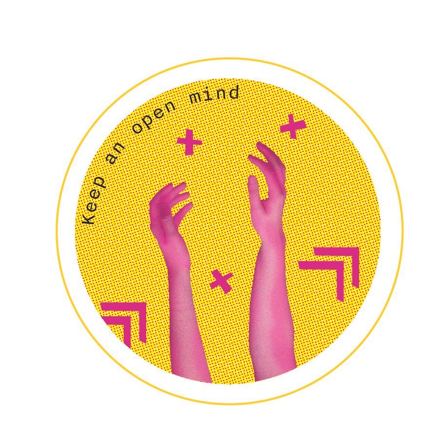 Yellow circle with pink hands reaching up,
