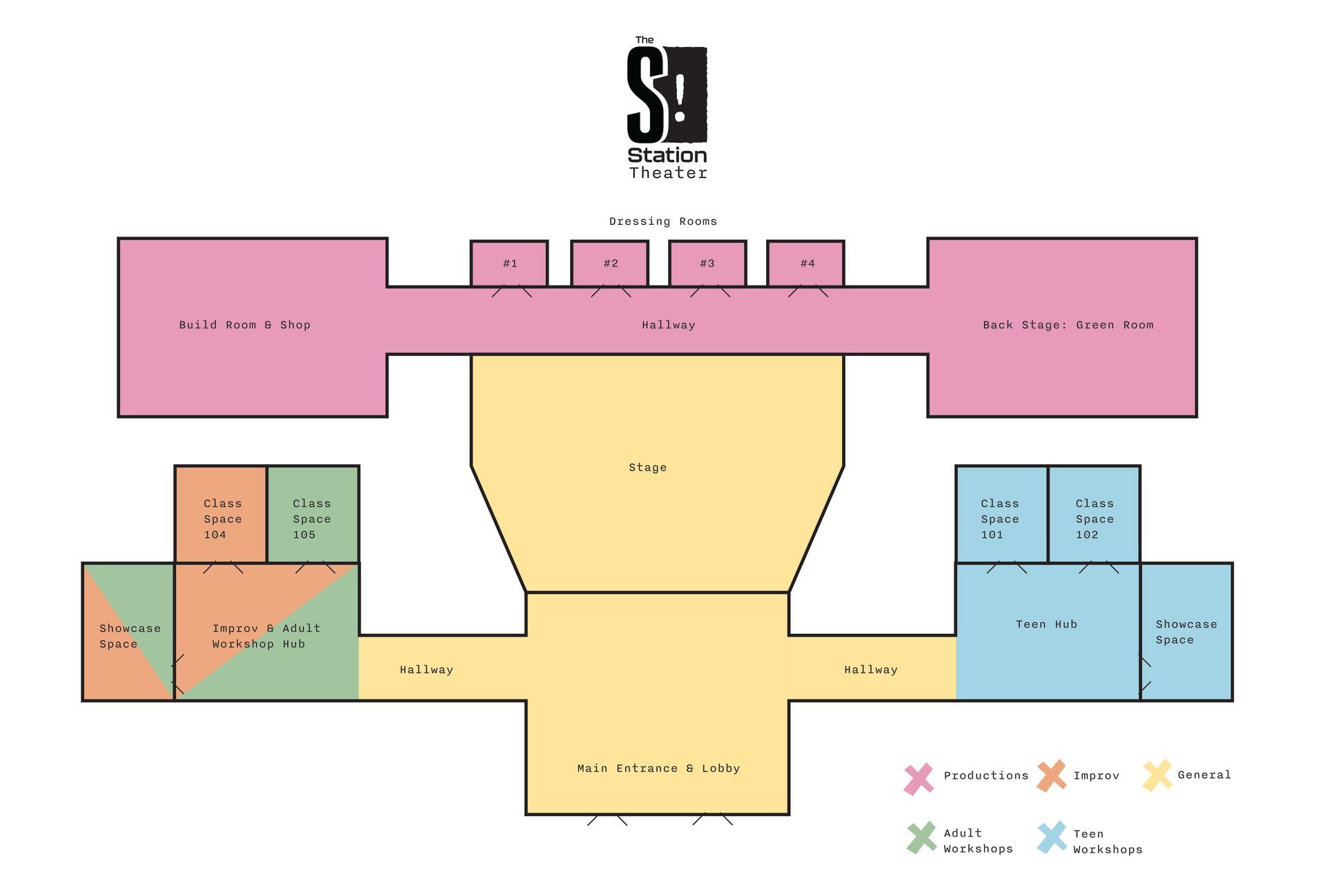 Floor plan of an event space. Various colored rooms include a stage, ballrooms, and exhibit halls.