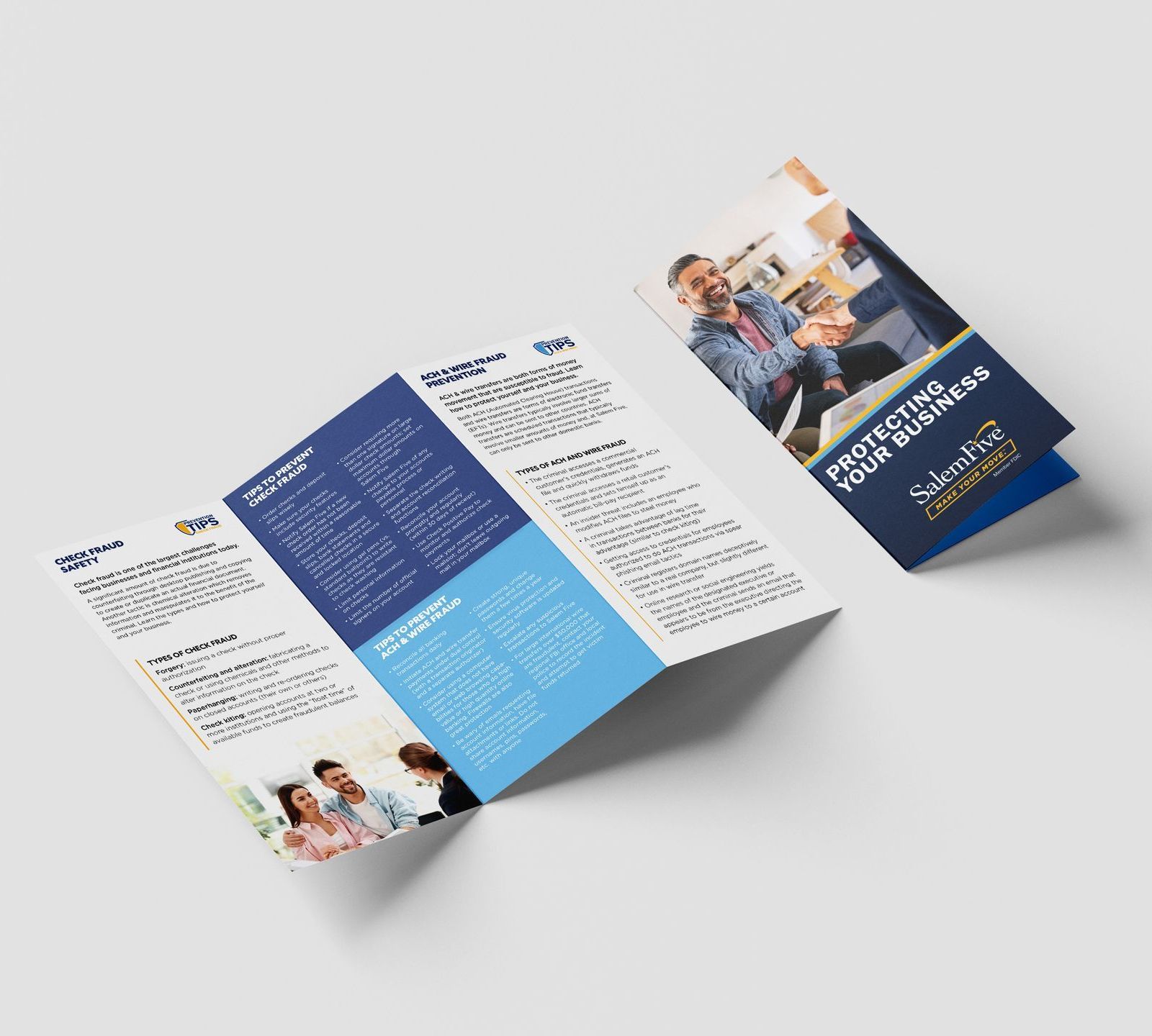 Tri-fold brochure, blue and white, promoting business protection services. A smiling man is on the cover.