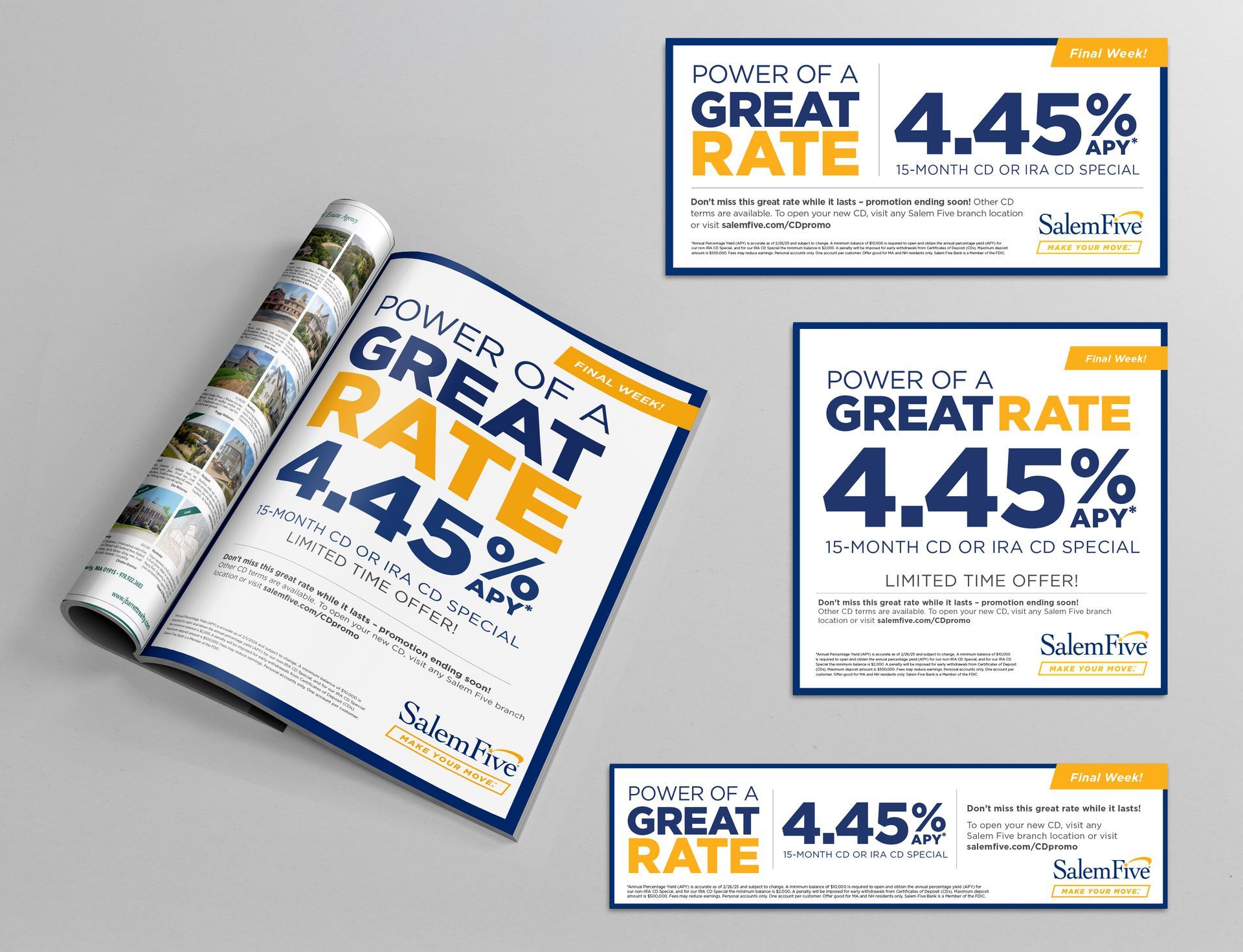Advertisements for Salt River Federal Credit Union, displaying 4.45% APY rate, in various formats.