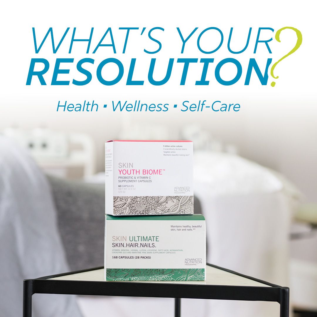 Advertisement for health products: boxes of supplements on a table with text